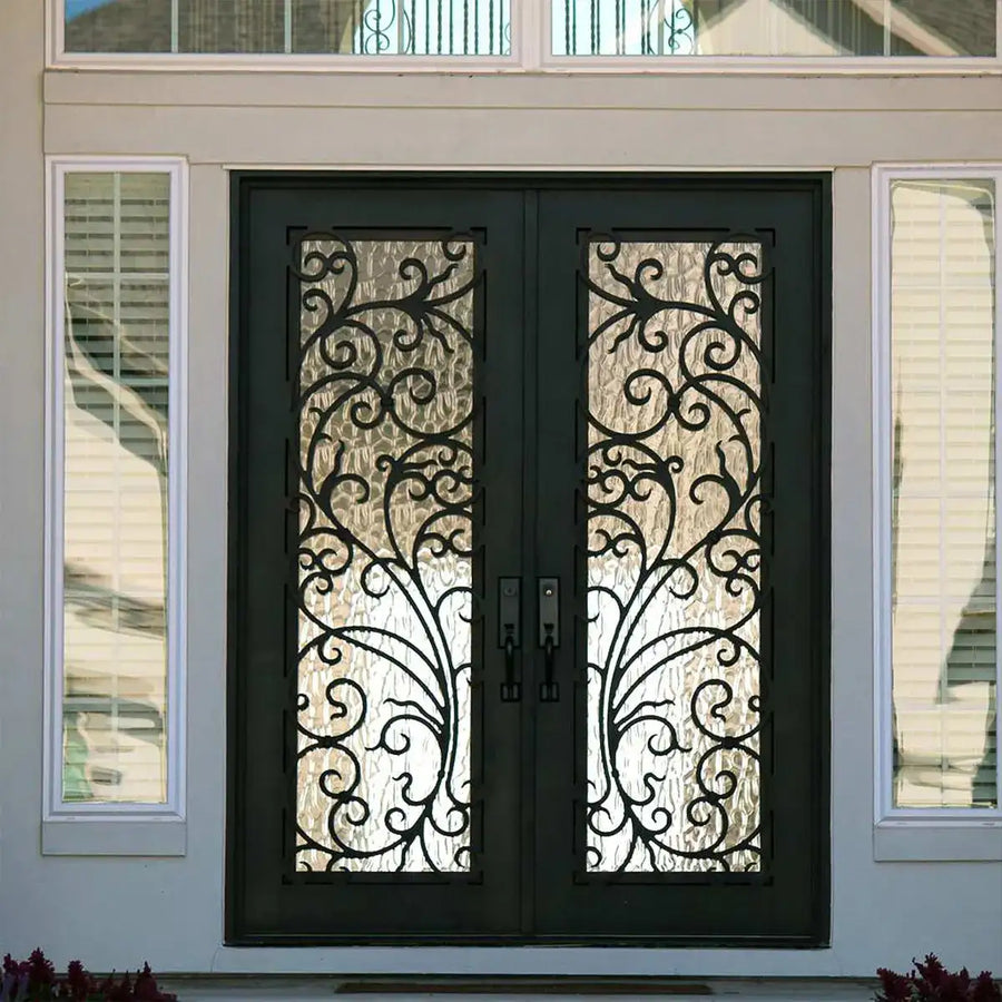 artisan-residential-double-entry-iron-door-water-ripple-glass-custom-scroll-wrought-aed-artisanentrydoors