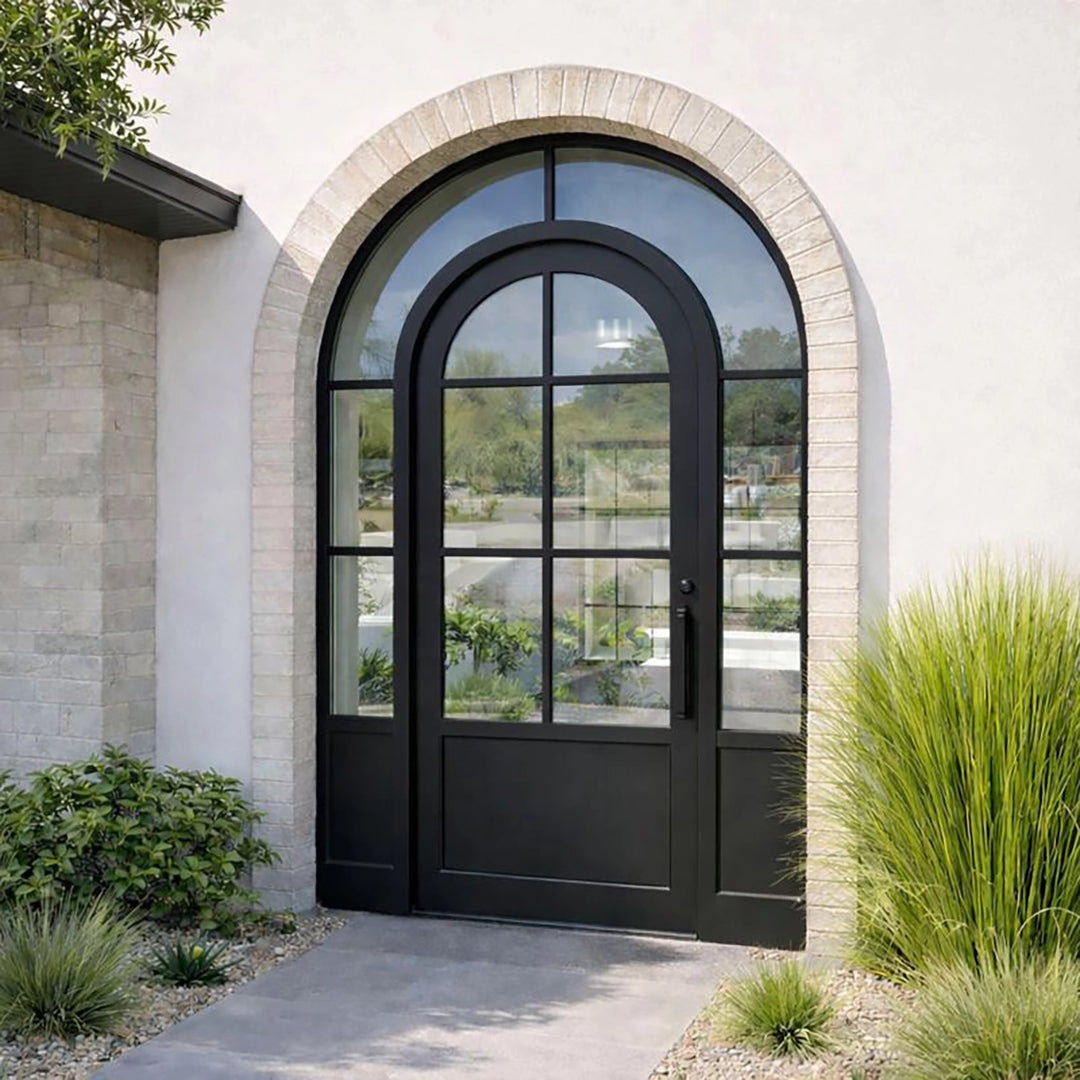 artisan-minimalist-iron-french-single-door-with-double-sidelights-round-top-kickplate-aed-artisanentrydoors