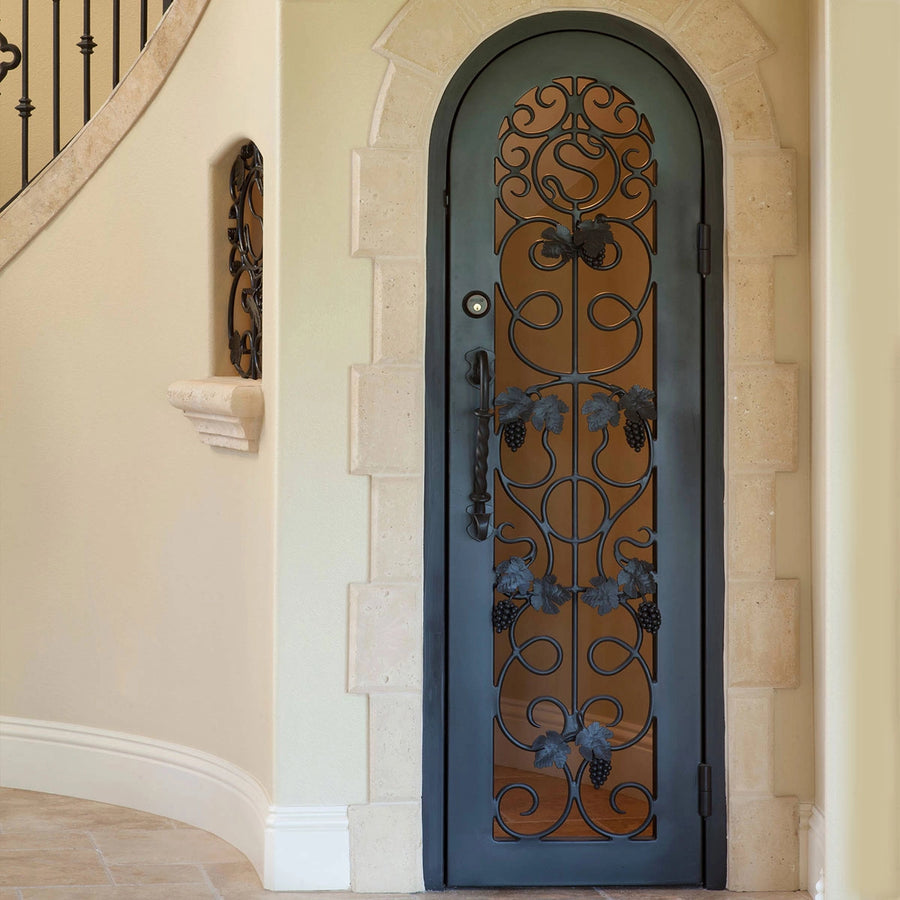 artisan-arched-wine-cellar-single-iron-door-with-ornamental-grapevine-clear-tempered-glass-aed-artisanentrydoors