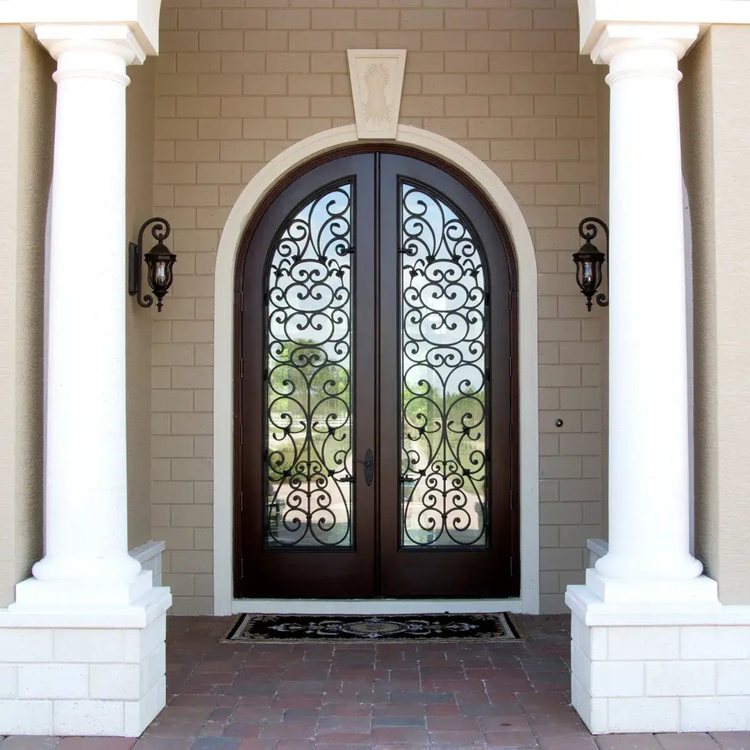 artisan-entry-front-double-door-rusty-red-clear-glass-round-top-symmetrical-ironwork-aed-artisanentrydoors