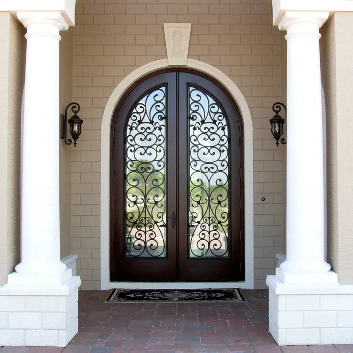artisan-entry-front-double-door-rusty-red-clear-glass-round-top-symmetrical-ironwork-aed-artisanentrydoors