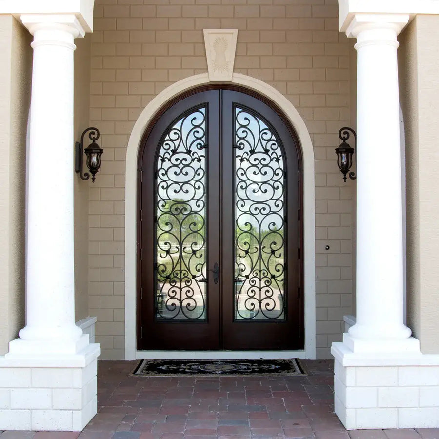 artisan-entry-front-double-door-rusty-red-clear-glass-round-top-symmetrical-ironwork-aed-artisanentrydoors