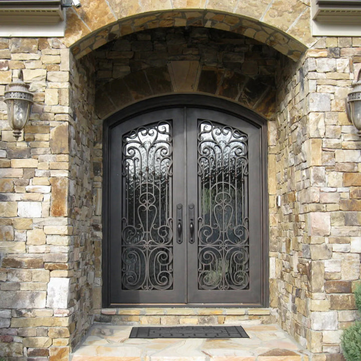 artisan-residential-entry-double-iron-door-arched-top-scroll-design-aed-artisanentrydoors