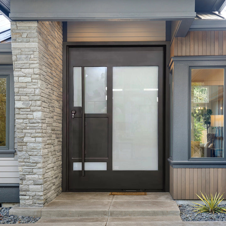 artisan-modern-residential-pivot-entry-iron-door-frosted-glass-steel-frame-secure-exterior-design-aed-artisanentrydoors