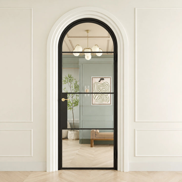 artisan-slim-frame-arched-steel-interior-door-clear-glass-horizontal-grid-living-room-aed-artisanentrydoors